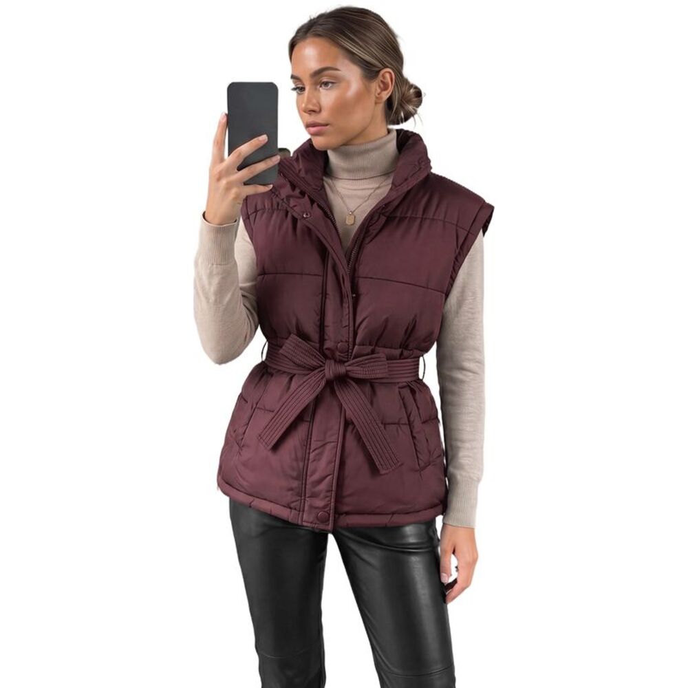 Women Belted Puffer Stand Collar Zip Up Padded Jacket Burgundy